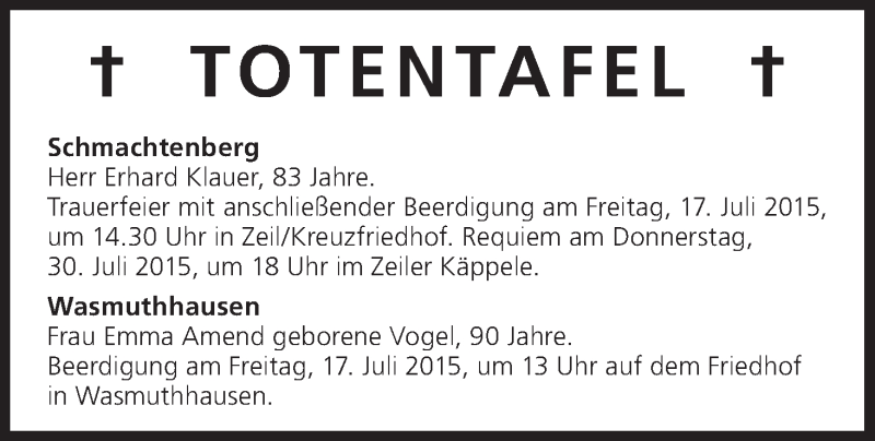  Traueranzeige für Emma Amend vom 17.07.2015 aus MGO