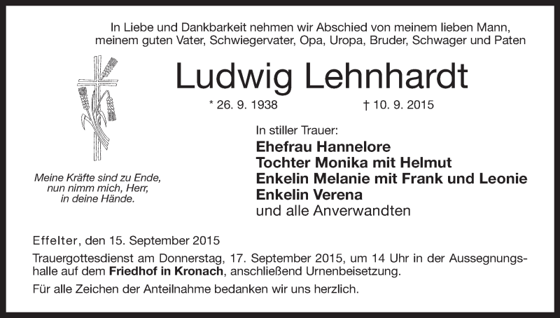  Traueranzeige für Ludwig Lehnhardt vom 15.09.2015 aus MGO