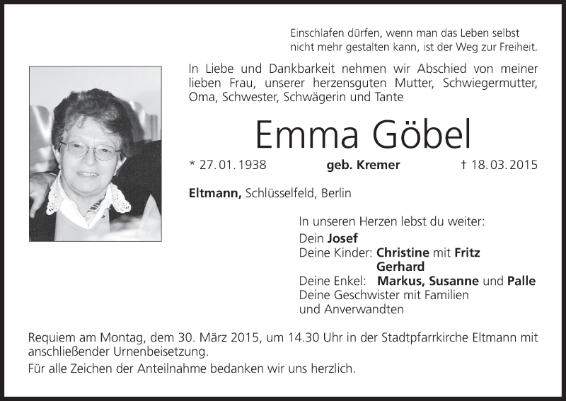 Emma Göbel | Traueranzeige | trauer.inFranken.de