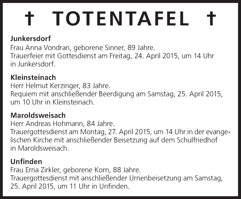  Traueranzeige für Totentafel 24.04.2015 vom 24.04.2015 aus MGO