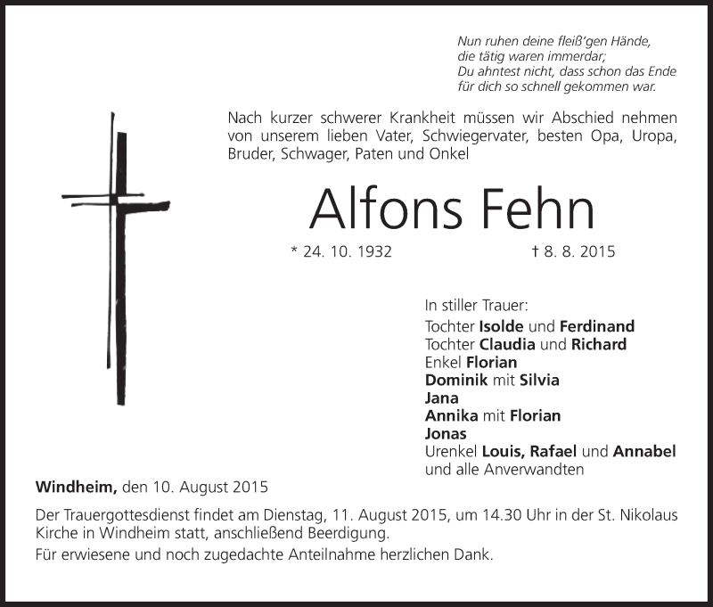  Traueranzeige für Alfons Fehn vom 10.08.2015 aus MGO