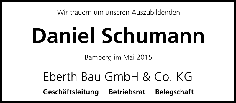  Traueranzeige für Daniel Schumann vom 05.05.2015 aus MGO