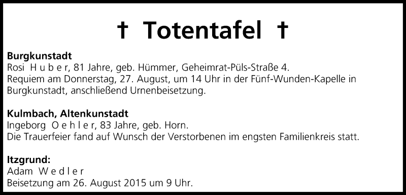  Traueranzeige für Totentafel vom 26.08.2015 vom 26.08.2015 aus MGO