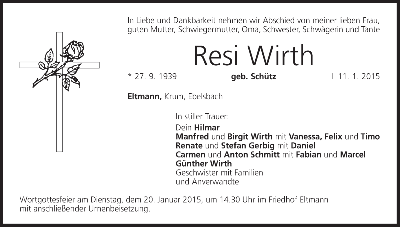  Traueranzeige für Resi Wirth vom 17.01.2015 aus MGO