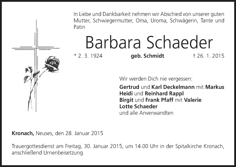  Traueranzeige für Barbara Schaeder vom 28.01.2015 aus MGO