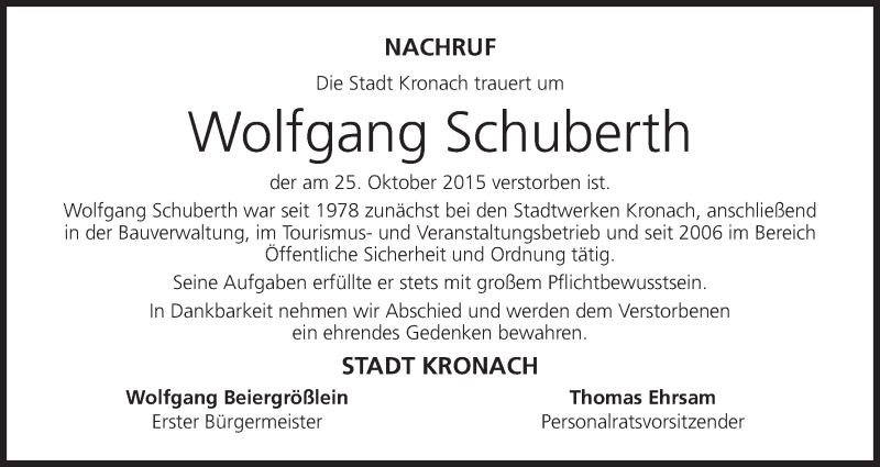  Traueranzeige für Wolfgang Schuberth vom 29.10.2015 aus MGO