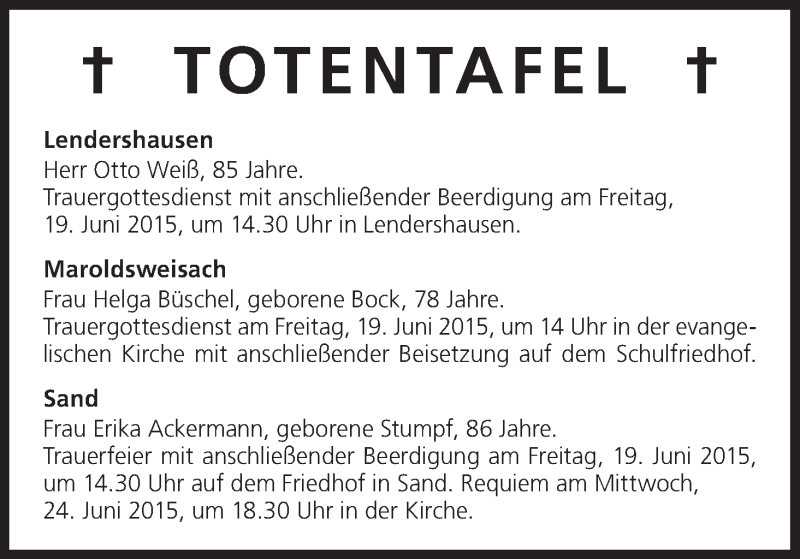  Traueranzeige für Totentafel vom 19.06.2015 vom 19.06.2015 aus MGO