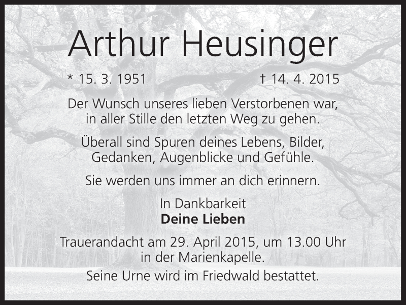  Traueranzeige für Arthur Heusinger vom 28.04.2015 aus MGO