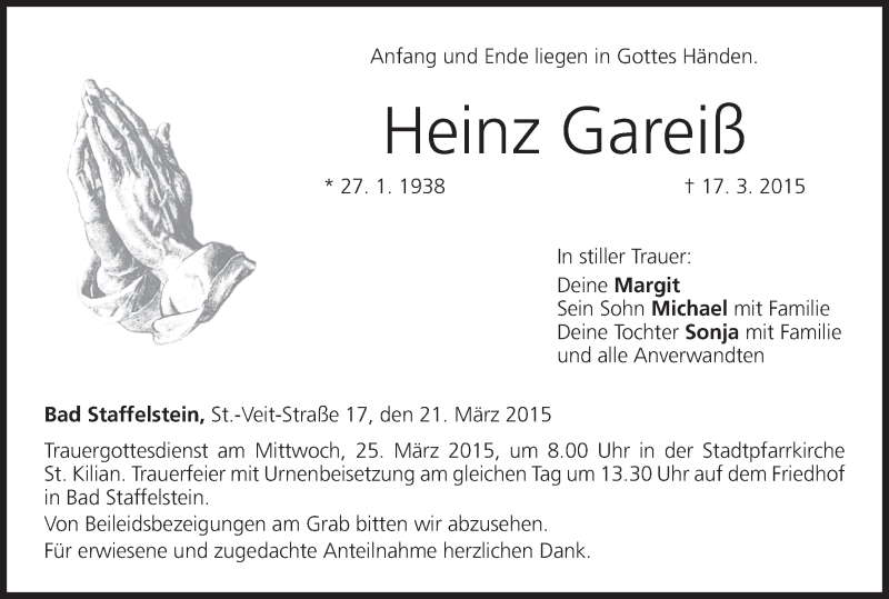  Traueranzeige für Heinz Gareiß vom 21.03.2015 aus MGO