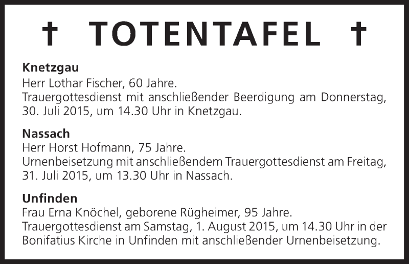  Traueranzeige für Totentafel vom 30.07.2015 vom 30.07.2015 aus MGO