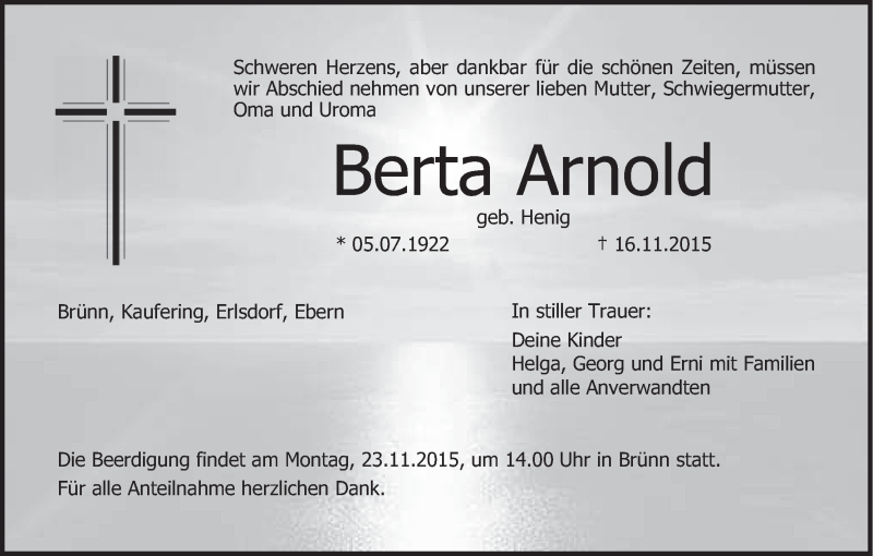  Traueranzeige für Berta Arnold vom 20.11.2015 aus MGO