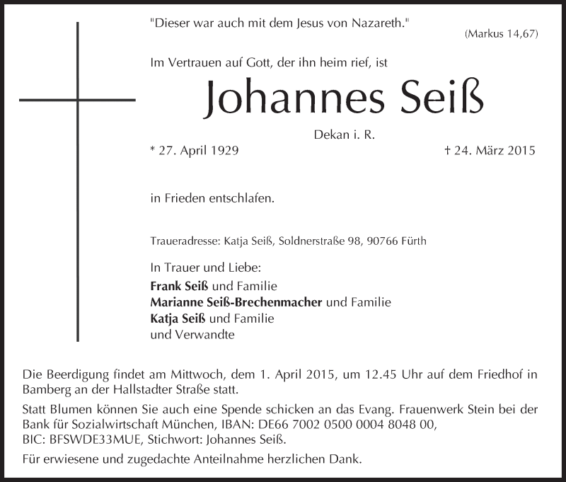  Traueranzeige für Johannes Seiß vom 28.03.2015 aus MGO