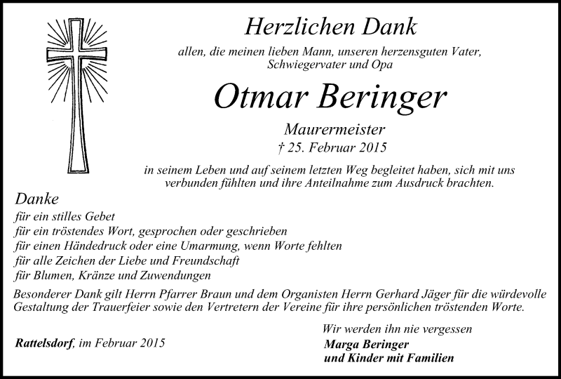  Traueranzeige für Otmar Beringer vom 14.03.2015 aus MGO