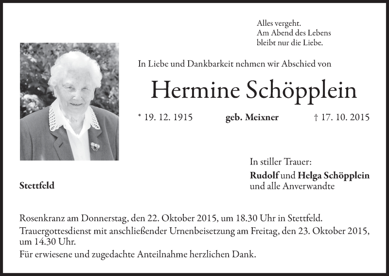  Traueranzeige für Hermine Schöpplein vom 21.10.2015 aus MGO