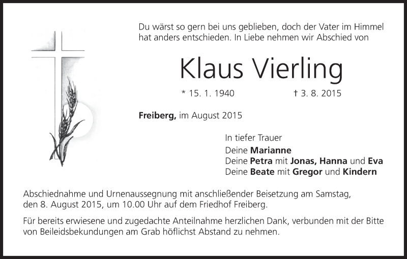  Traueranzeige für Klaus Vierling vom 06.08.2015 aus MGO