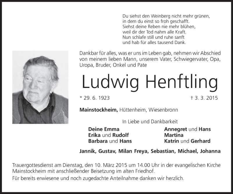  Traueranzeige für Ludwig Henftling vom 06.03.2015 aus MGO