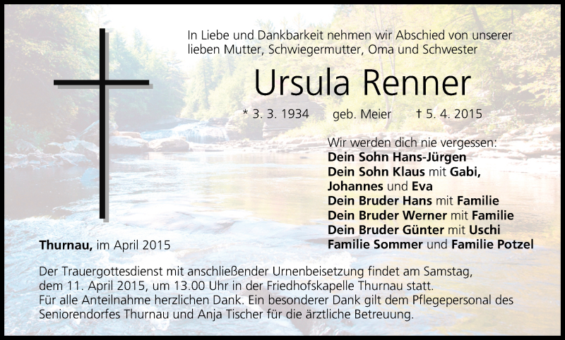  Traueranzeige für Ursula Renner vom 08.04.2015 aus MGO