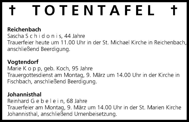  Traueranzeige für Totentafel vom 07.03.2015 vom 07.03.2015 aus MGO