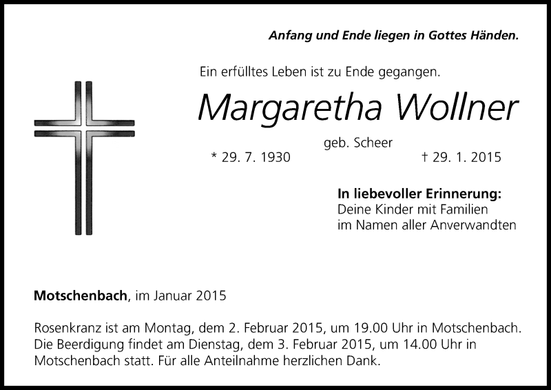  Traueranzeige für Margaretha Wollner vom 31.01.2015 aus MGO