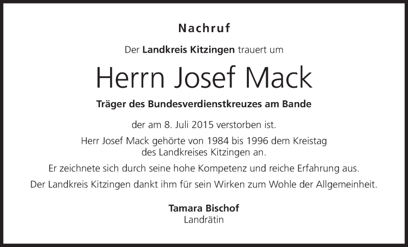  Traueranzeige für Josef Mack vom 11.07.2015 aus MGO