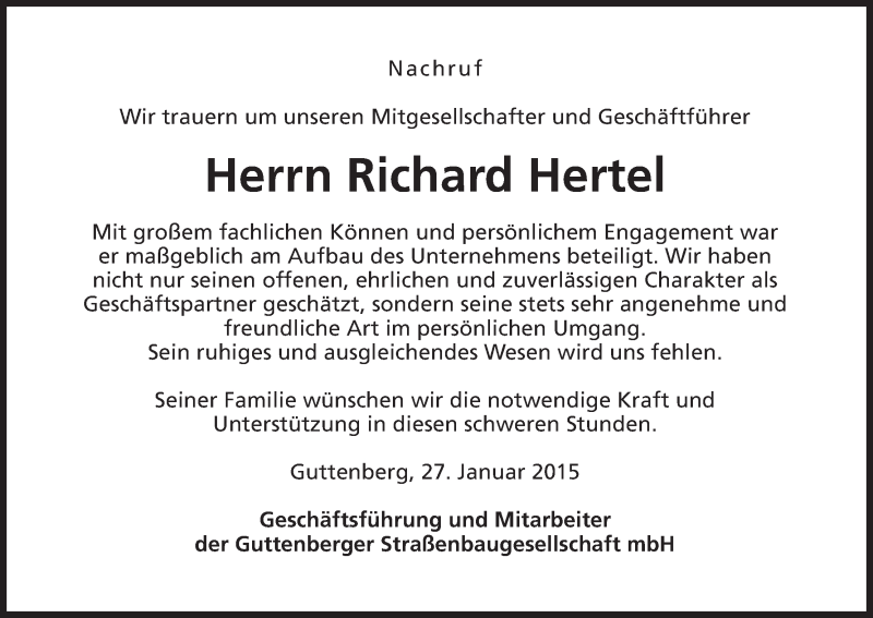  Traueranzeige für Richard Hertel vom 27.01.2015 aus MGO