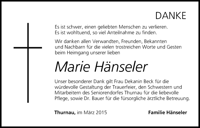  Traueranzeige für Marie Hänseler vom 10.03.2015 aus MGO