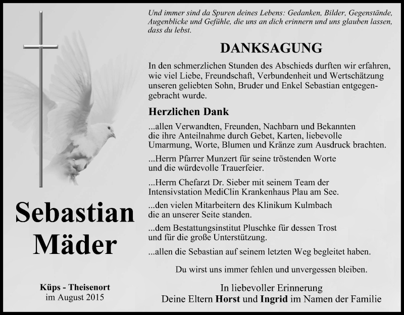 Traueranzeige für Sebastian Mäder vom 14.08.2015 aus MGO
