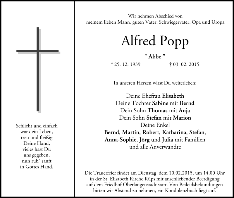  Traueranzeige für Alfred Popp vom 06.02.2015 aus MGO