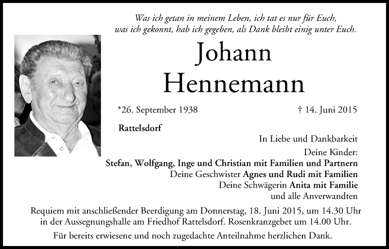  Traueranzeige für Johann Hennemann vom 16.06.2015 aus MGO