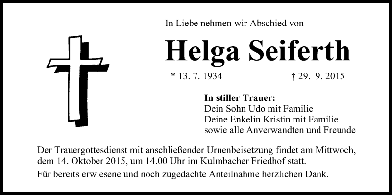  Traueranzeige für Helga Seiferth vom 10.10.2015 aus MGO