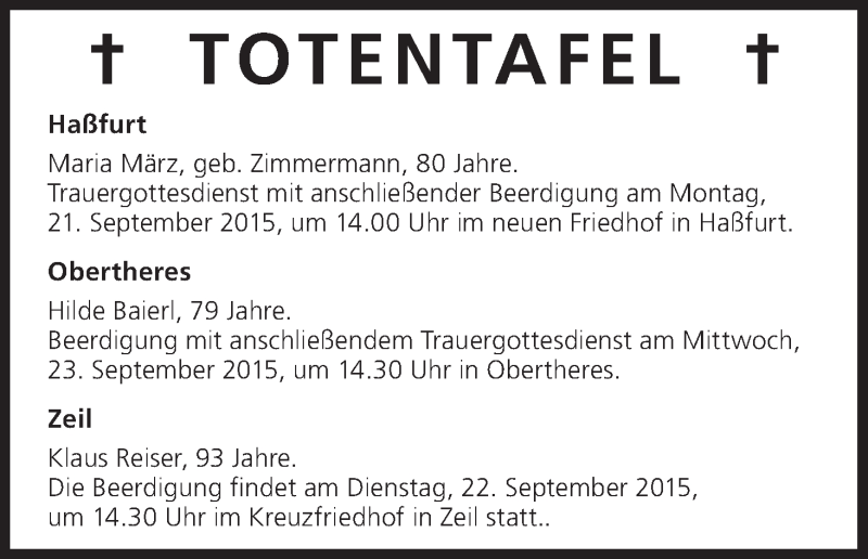  Traueranzeige für Totentafel vom 21.09.2015 vom 21.09.2015 aus MGO