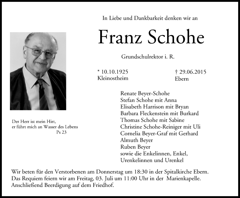  Traueranzeige für Franz Schohe vom 01.07.2015 aus MGO