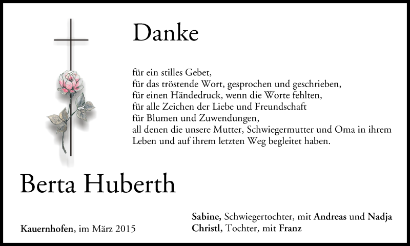  Traueranzeige für Berta Huberth vom 07.03.2015 aus MGO