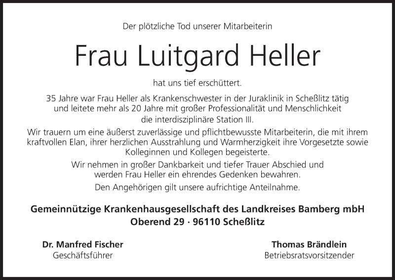  Traueranzeige für Luitgard Heller vom 28.01.2015 aus MGO