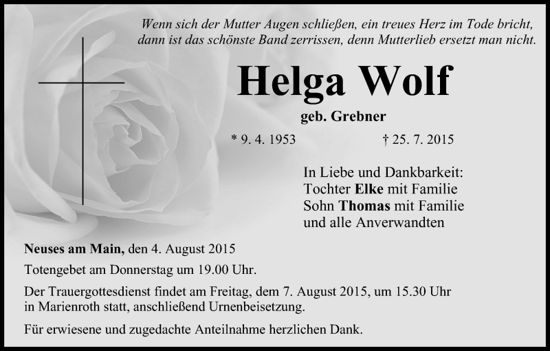  Traueranzeige für Helga Wolf vom 04.08.2015 aus MGO