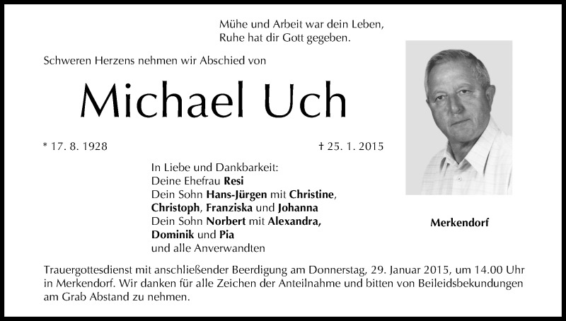  Traueranzeige für Michael Uch vom 27.01.2015 aus MGO