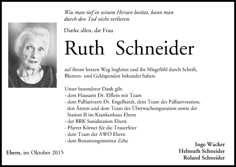  Traueranzeige für Ruth Schneider vom 17.10.2015 aus MGO