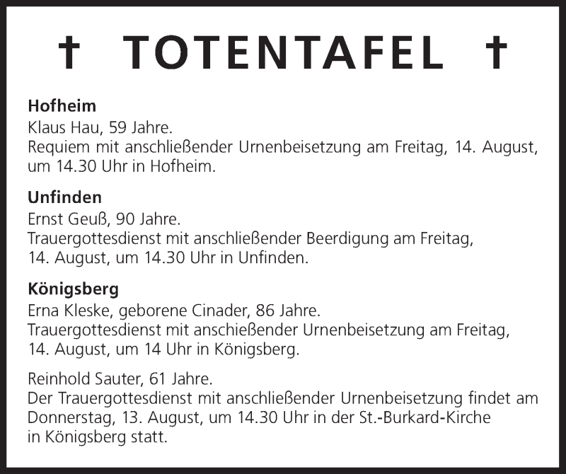  Traueranzeige für Totentafel vom 13.08.2015 vom 13.08.2015 aus MGO
