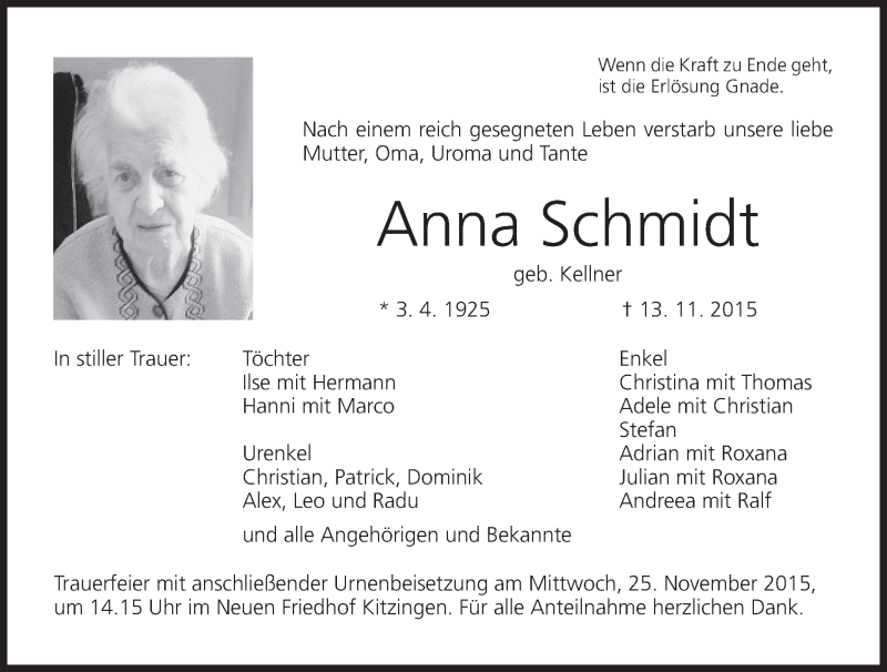  Traueranzeige für Anna Schmidt vom 21.11.2015 aus MGO