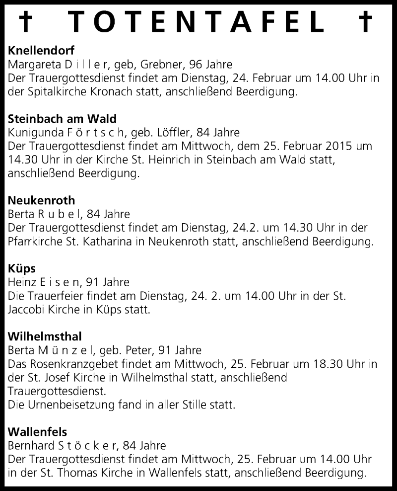  Traueranzeige für Totentafel vom 24.02.2015 vom 24.02.2015 aus MGO