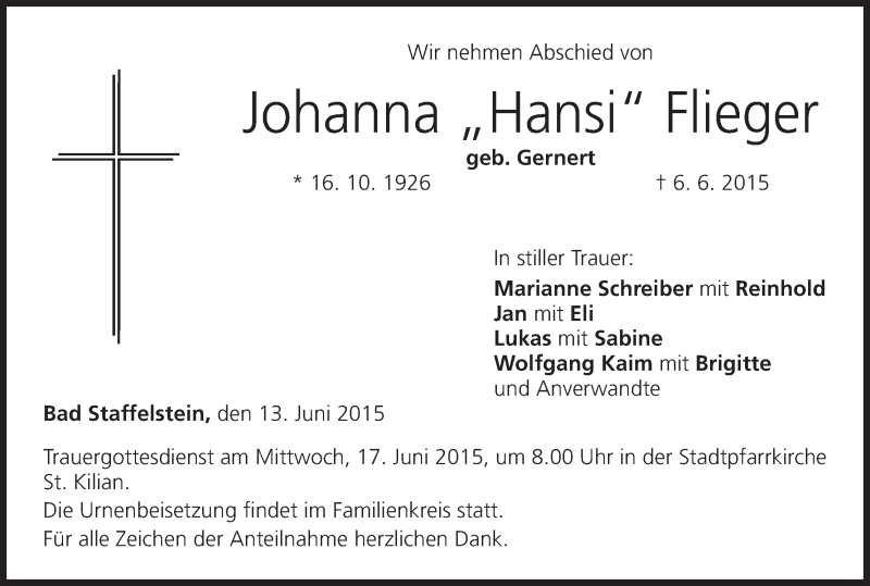  Traueranzeige für Johanna Flieger vom 13.06.2015 aus MGO