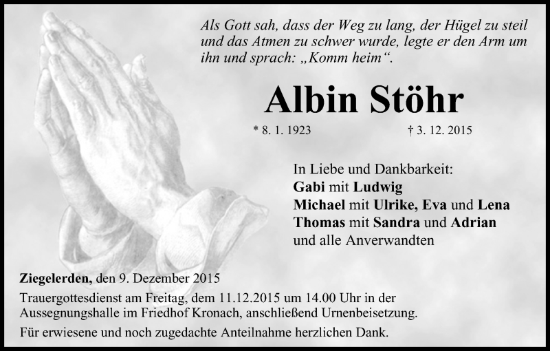 Traueranzeige für Albin Stöhr vom 09.12.2015 aus MGO