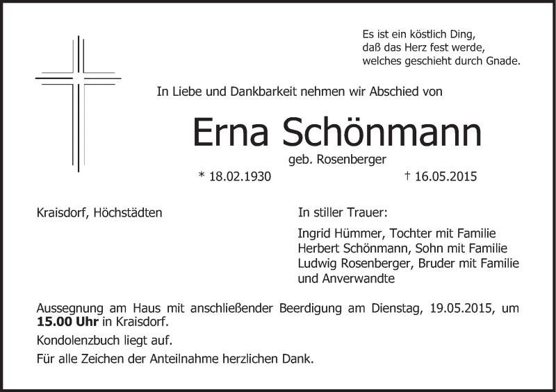  Traueranzeige für Erna Schönmann vom 18.05.2015 aus MGO