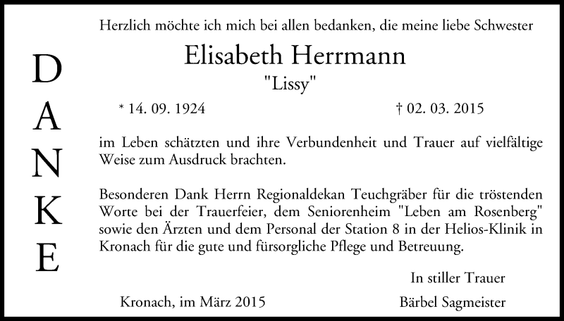  Traueranzeige für Elisabeth Herrmann vom 28.03.2015 aus MGO