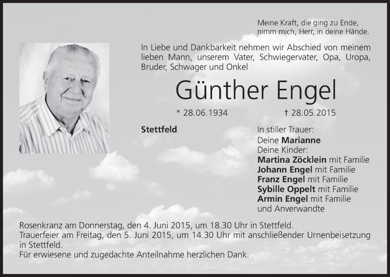  Traueranzeige für Günther Engel vom 02.06.2015 aus MGO