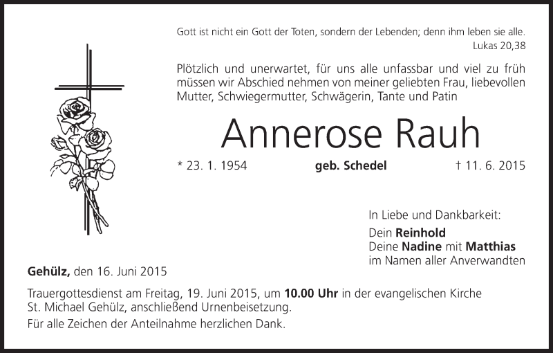  Traueranzeige für Annerose Rauh vom 16.06.2015 aus MGO