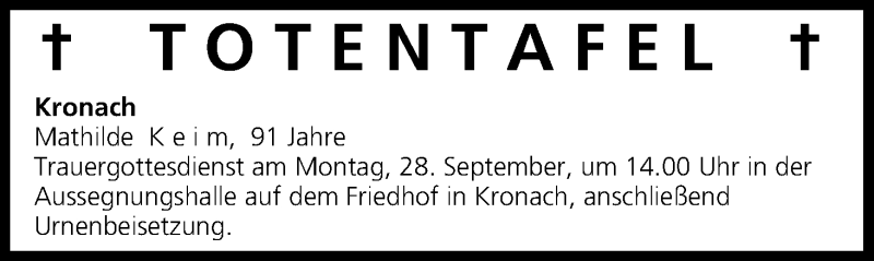  Traueranzeige für Totentafel vom 25.09.2015 vom 25.09.2015 aus MGO