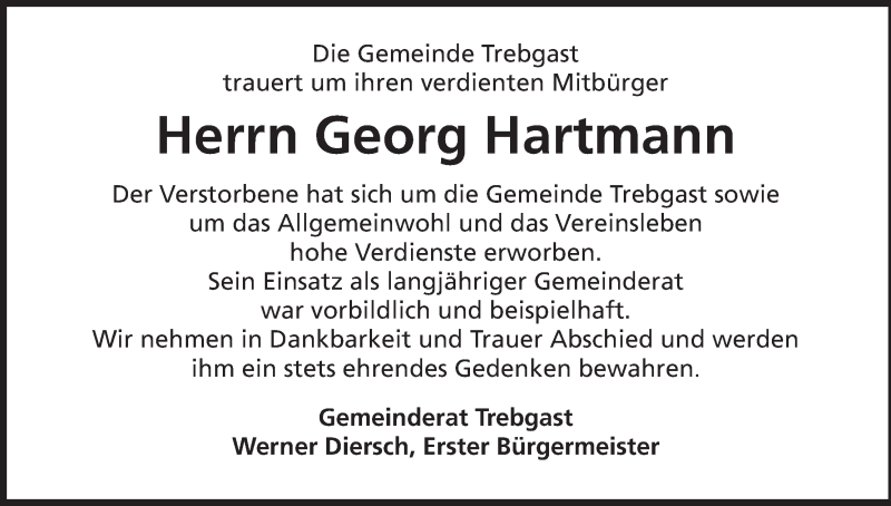  Traueranzeige für Georg Hartmann vom 01.05.2015 aus MGO