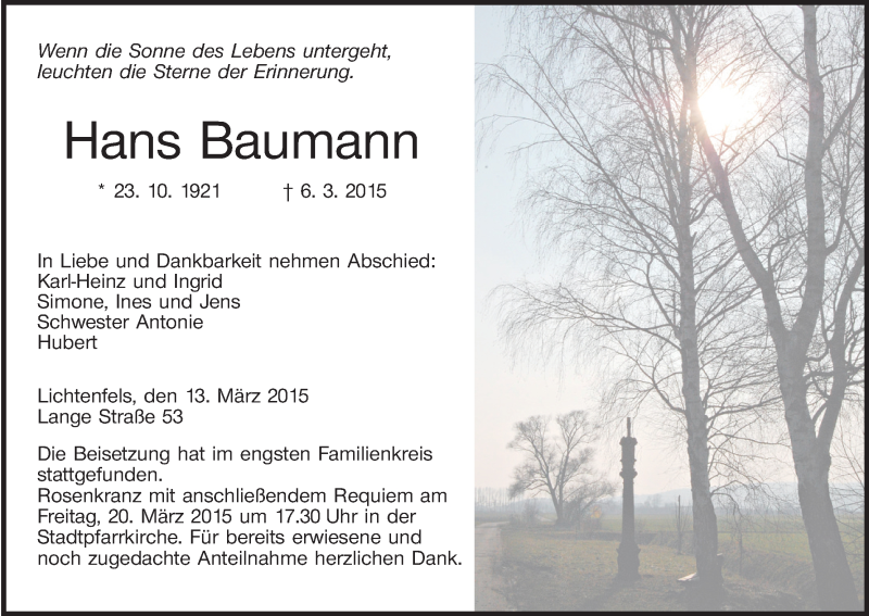  Traueranzeige für Hans Baumann vom 13.03.2015 aus MGO