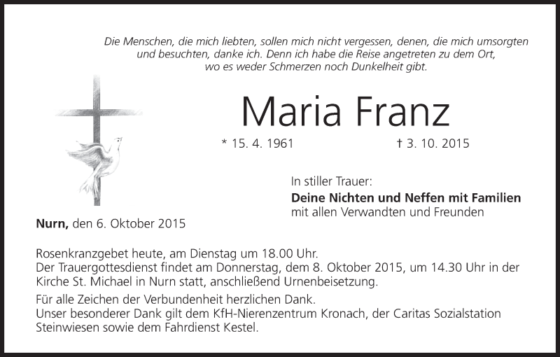  Traueranzeige für Maria Franz vom 06.10.2015 aus MGO